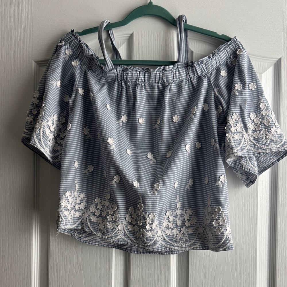 a new day Blue and White Off-Shoulder Blouse